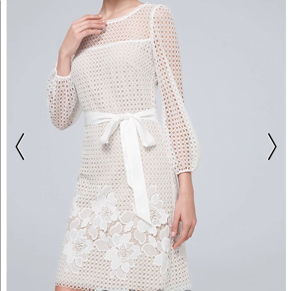 NWT WHBM LS Guipure Lace Chemise dress, 00, Ecru